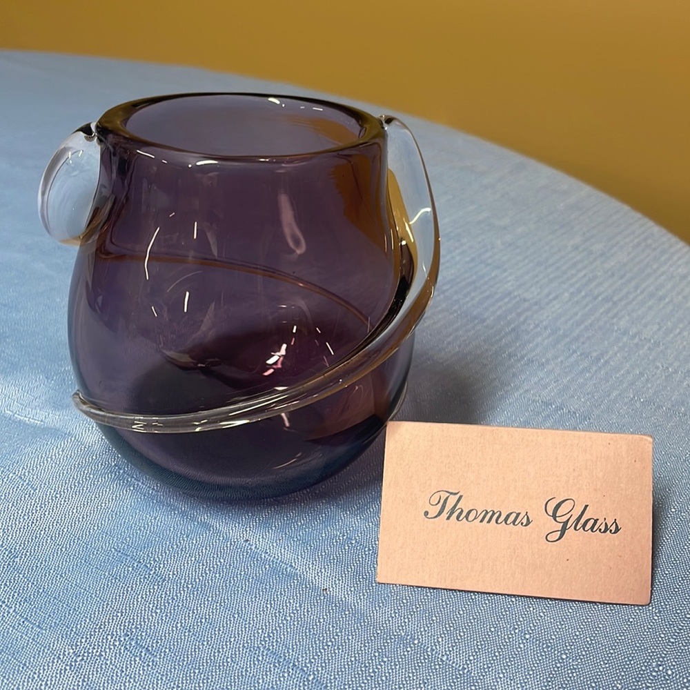Herb A. Thomas HAT Hand Blown Art Glass purple with applied clear Vase 4.5” tall